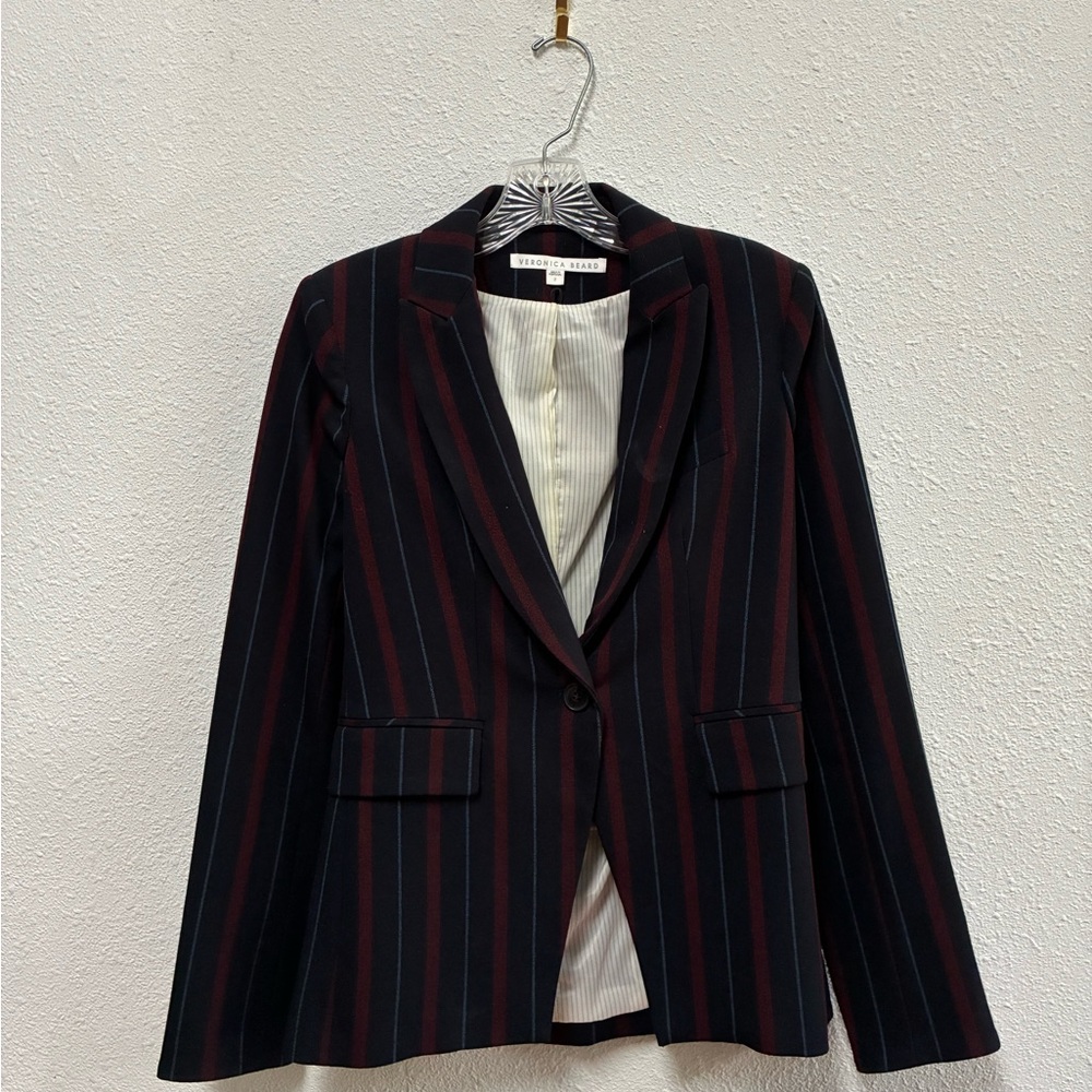 Veronica Beard Black and Red Blazer with Pinstripe Pattern